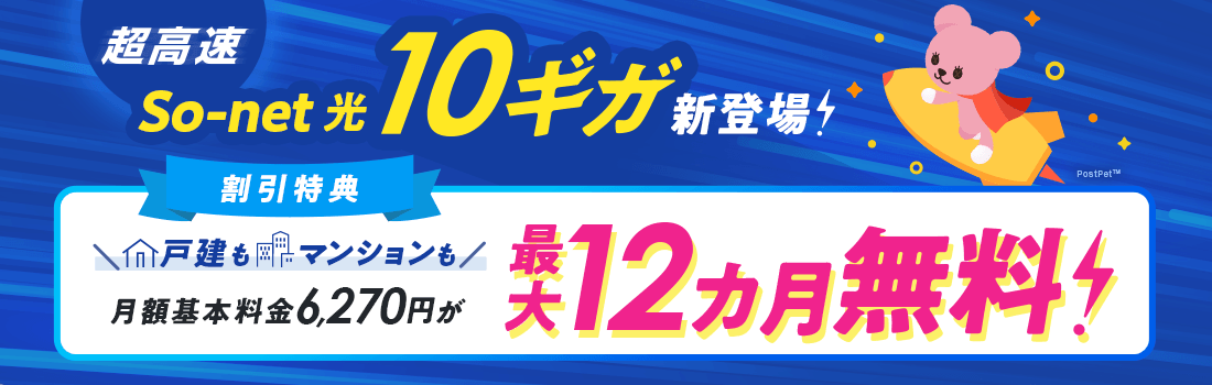 超高速 So-net 光 10ギガ新登場！ 割引特典 戸建もマンションも月額基本料金6,270円が最大12カ月無料！