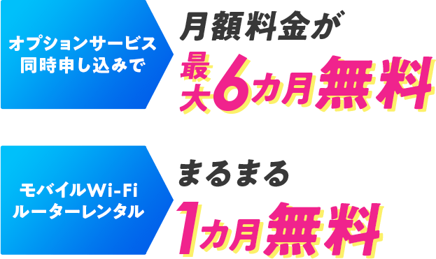 オプションサービス同時申し込みで月額料金が最大6カ月無料 モバイルWi-Fiルーターレンタル まるまる1カ月無料