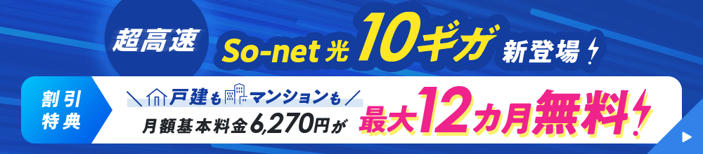 超高速 So-net 光 10ギガ新登場！割引特典 戸建もマンションも月額基本料金6,270円が最大12カ月無料！