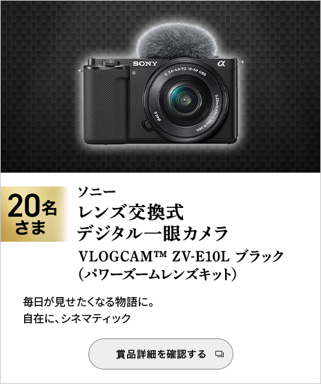 ソニー　レンズ交換式 デジタル一眼カメラ　VLOGCAM™ ZV-E10L ブラック（パワーズームレンズキット）　20名さま　毎日が見せたくなる物語に。自在に、シネマティック　賞品詳細を確認する